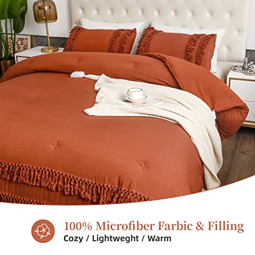 Cozytide Terracotta Bedding Set Queen, 3 Pcs Ultra Soft Boho Tassel Comforter Set, 100% Washed Microfiber Inner Fill All Season Bedroom Bedding (1 Burnt Orange Comforter, 2 Fringe Pillows Cases) #TOP1