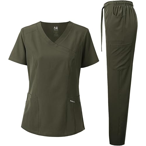 Dagacci Medical Uniform Women's Scrub Set 4-Way Stretch Y-Neck Stitch Tape Top and Pants