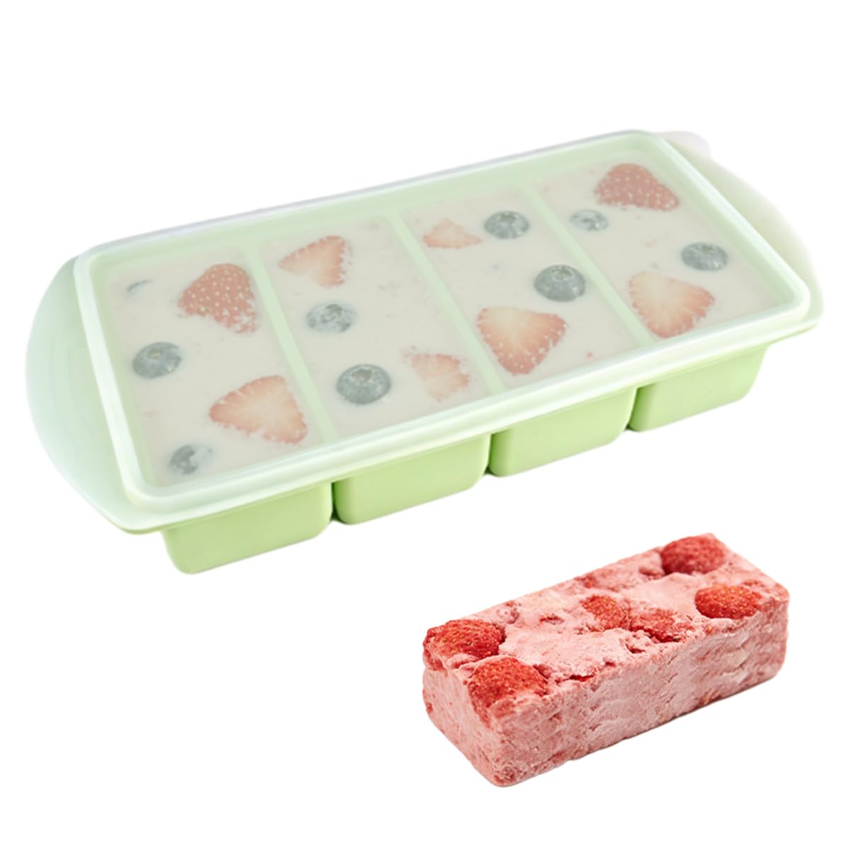 Silikonowa forma do zamrażania z pokrywką, 4 przegródki po 250 ml (łącznie 1000 ml), pojemnik do zamrażania zupy, silikonowa forma do zamrażania, Sup-pe, Ice Cube, bulionu, sosu lub masła (zielona)
