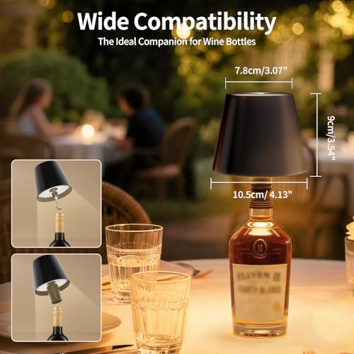 UPXNBOR LED Flaschenlampe, Flaschenlicht, Tischlampe Kabellos Akku für Innen & Außen - 3 Lichtfarben Stufenlos Touchdimmbar, IP54 Wasserdicht, Vollmetallgehäuse, 5300 mAh Hochkapazitätsakku, Schwarz