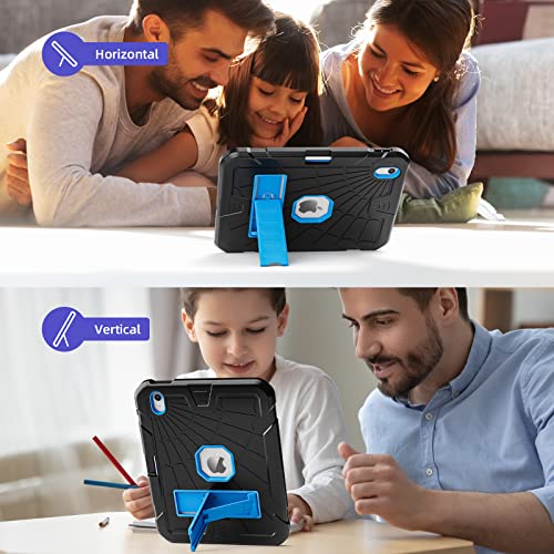 Sibeitu Case for iPad 11th (A16) 2025/ 10th Generation 10.9 Inch 2022, Rugged Shockproof iPad 10 Case with Pencil Holder & Built-in Stand, Hard 11th Gen iPad 11 inch Cover for Kids Boys, Black+Blue