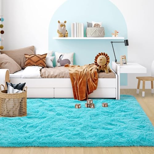 Image of Naze Carpet for Hallway, Kitchen, and Modern Interiors, Contemporary Color Block Area Rug - Cozy Shag Runner for Living Room, Entryway & Office Decor ETC Size 5x7 feet, Patten-Solid Ivory Turqoice