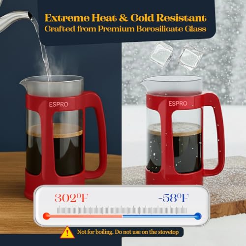 Image of ESPRO P3 French Press Coffee Maker, 32oz, Red, Double Micro Filter Press | Grit-Free Coffee Press, Thicker Borosilicate Heat Resistant Glass french press, Tea Press, Easy Coffee Brewer, Tea Brewer