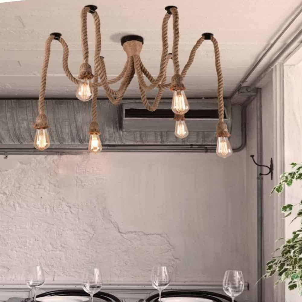 TEKHONE Lampadario a Sospensione Stile Industriale con Corda in Canapa, 6 Luci E27, Metallo e Ceramica, per Sala da Pranzo, Soggiorno, Ristorante – B59-6