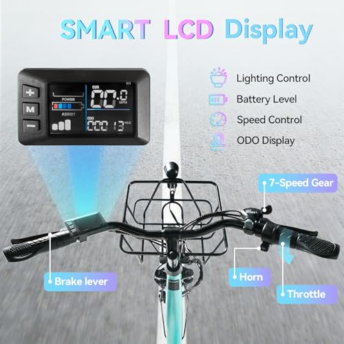 Image of 24'' Electric Bike, Peak 1000W /700W Motor 28 /20MPH, 48V /36V Removable Battery, Step Thru City Cruiser Ebike, Commuter E Bike, 7-Speed, Front Basket