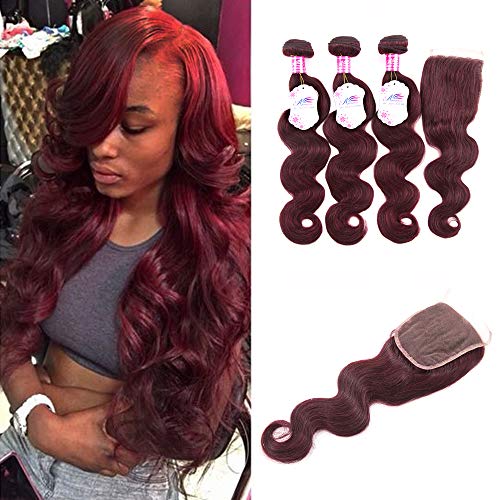 Anruina 99j hair bundles with closure Brazilian 3 Bundles With Closure body wave hair bundles with closure Brazilian burgundy bundles with closure 4x4 Lace Top Closure Free Part 12 14 16 with 10