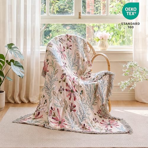 Image of MSGKV Boho Throw Blanket 60 inchx80 inch 100% Cotton Floral Blanket for Couch Bed