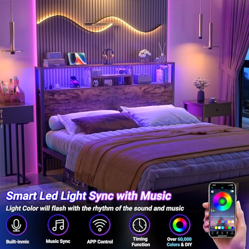Image of Aheaplus Headboard for Queen Size Bed with Storage, Headboards with Outlets | Queen Size Head Board Only, USB Ports and LED Light, Height Adjustable, Reversible, Sturdy and Stable Headboard, Rustic Brown