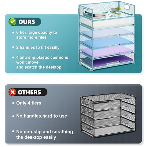 Image of Marbrasse 2 Pack Desk Organizer with Handle, 6 Tier Paper Letter Tray, Mesh Desk File Organizer for Office, School and Home - Blue