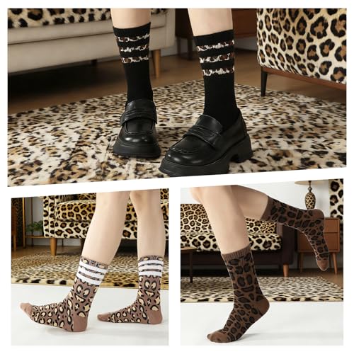 Utensilsto 6 Paare Tennissocken Damen 39-42 Sportsocken Socken mit Leopardenmuster Leoprint Baumwollesocken Leo Socken Crew Socks für Tennis Sport Damen Frauen