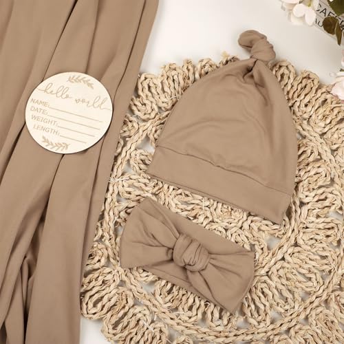 Image of TANOFAR 4-Pack Newborn Swaddle Blanket for Baby Girls & Boys, Ultra Soft Receiving Blankets with Matching Headband and Beanie Set Baby Nursery Swaddle Wrap (Brown)