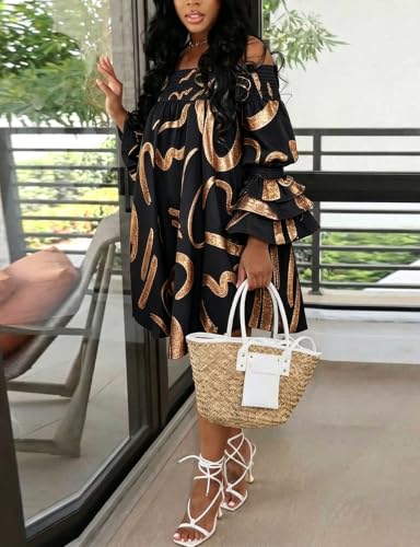 Image of WOKANSE Women's Casual Plus Size Shirred Dresses Off Shoulder Bell Sleeves Ruffle Loose Stretchy Neck Midi Dress