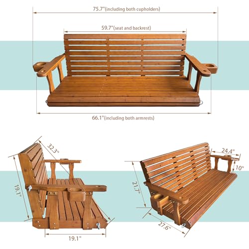 Image of Fortune Candy Wooden Porch Swing 3-Seater, Cedar Tone, 5.5 FT Extra Large