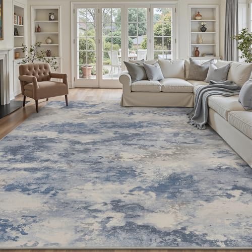 6x9 Washable Area Rug - Modern Abstract Grey-Blue | Engiw