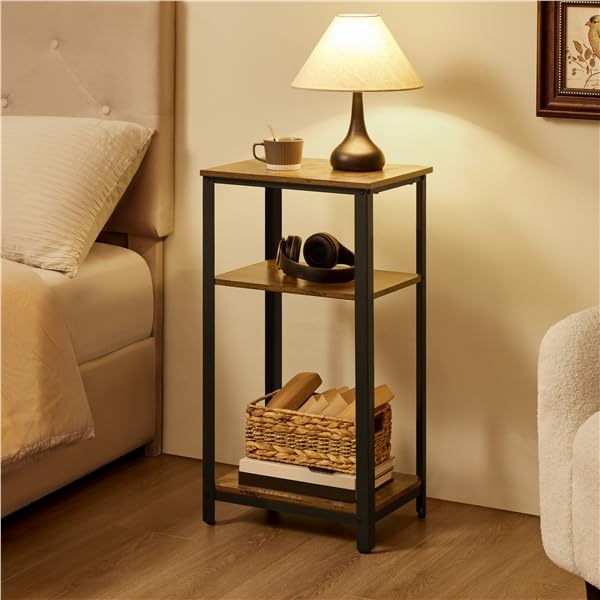 Yaheetech Tavolino da Caffè Vintage Stile Industriale Tavolino Lato a 3 Ripiani Comodino Porta Telefono in Legno e Metallo Tavolino d’Appoggio per Salotto Ingresso Ufficio