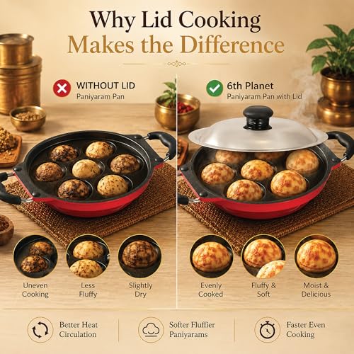 Image of Nonstick Paniyaram Pan 7 Pit with Lid | Appam Maker /Appe Pan for Gas Stove & Induction | Kuzhi Paniyaram, Paddu, Gunta Ponganalu Pan.
