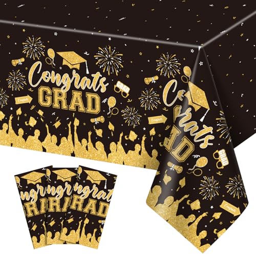 Image of 3 Pack Plastic Graduation Tablecloth, Graduation Decorations Class of 2026 Disposable Rectangle Black and Gold Table Cover, 2026 Gongrats Grad Table Cloths for Graduation Party Decorations, 54x108