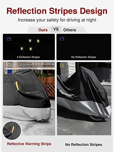 Image of Puroma Motorcycle Cover, XX-Large Waterproof Motorbike Cover Outdoor Indoor Scooter Shelter Protection with 4 Reflective Strips for Harley Davidson, Honda, Suzuki, Kawasaki, Yamaha (Black & Silver)