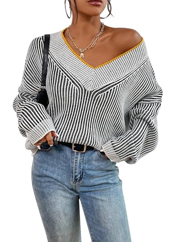Cakulo Womens Fall 2025 Oversized Striped V Neck Sweaters Long Sleeve Knit Color Block Trendy Pullover Sweater Top
