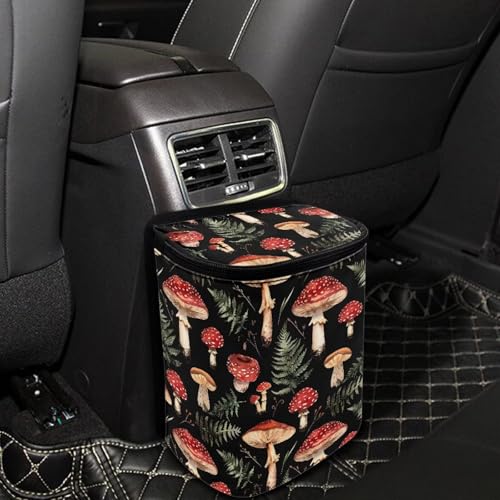 Image of Car Accessories Back Seat Multipurpose Car Trash Can with Lid, Leak Proof Waterproof Hanging Car Garbage Can for Road Trip Travel, Mushroom Print