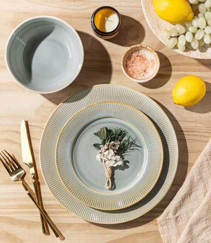 Image of TheTerra Stoneware Dinnerware Sets for 4, 12 Pieces Ceramic Plates and Bowls Sets, Scratch Resistant Embossed Dish Set, Oven, Microwave & Dishwasher Safe, Desert Sage