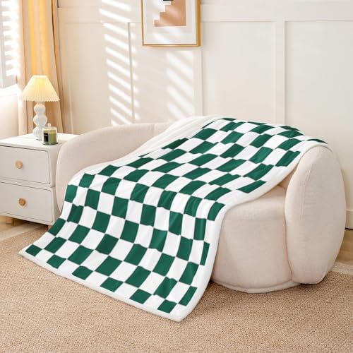 Image of Erosebridal Aesthetic Checkered Sherpa Blanket Twin 60 inchX80 inch White Green Checkerboard Fleece Bed Blanket,Buffalo Plaid Grid Throw Blanket for Kids Teen Adults Geometric Gingham Fuzzy Blanket