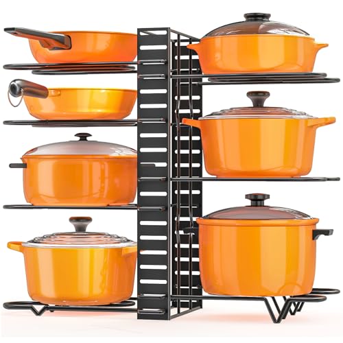 Pots and Pans Organizer for Cabinet, 8 Tier Pot djustable Pan Organizer Rack, Adjustable Pan Organizer Rack for Cabinet, Pot Organizer for Kitchen Organization & Storage, Pot Lid Organizer