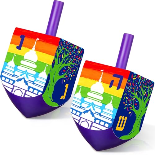 Wonderjune 2 Pcs Hanukkah Dreidels Extra Large Wooden Dreidel for Hanukkah Decoration with English Transliteration Forever Spinning Tops Party Favors(Temples)