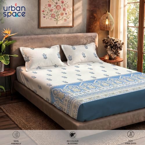 Image of Urban Space Serene 100% Cotton bedsheet for Single Bed, 200 TC Single Bed Sheet, Cotton bedsheet with 1 Pillow Cover (58 x 90 inches, Palace Blue)