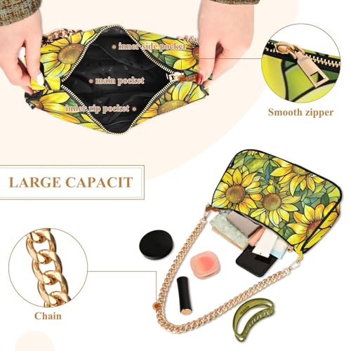 Sac à main matelassé jaune tournesols multi-poches avec chaîne