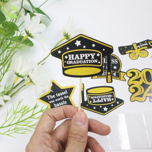 Chanseen 30Pcs Black and Gold Graduation Cupcake Toppers Class of 2024 Congrats Grad Cupcake Topper Picks Party Accessories Decorations Party Supplies (Gold, Black)