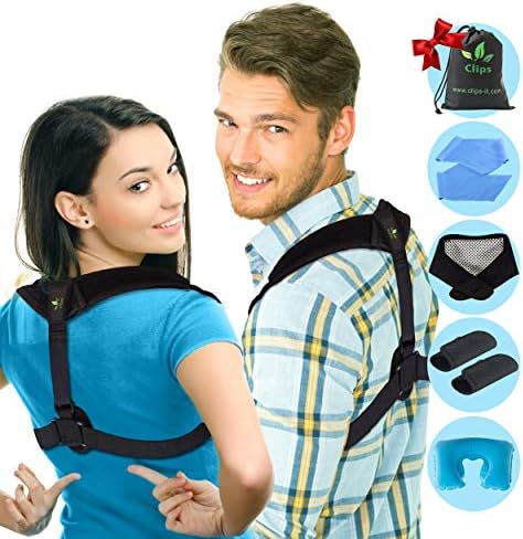 Posture Corrector - Upper Back and Neck Support for Natural Pain Relief for Men and Women. Includes Bonus Self Heating Neck Wrap, Travel Pillow, Resistance Band, Extra Pads and Travel Bag by Clips