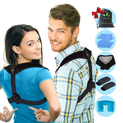 Posture Corrector - Upper Back and Neck Support for Natural Pain Relief for Men and Women. Includes Bonus Self Heating Neck Wrap, Travel Pillow, Resistance Band, Extra Pads and Travel Bag by Clips