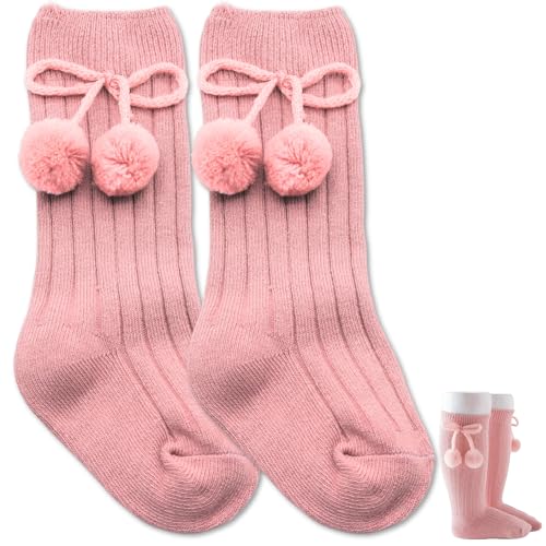 Calcetines Largos de Algodón Con Pompones, Medias Largas de Algodón para Bebés, Calcetines de Rodilla para niños, Calcetas de Bebé, Apto para niños/as de 3 a 12 Meses Talla S, Algodón, Rosa