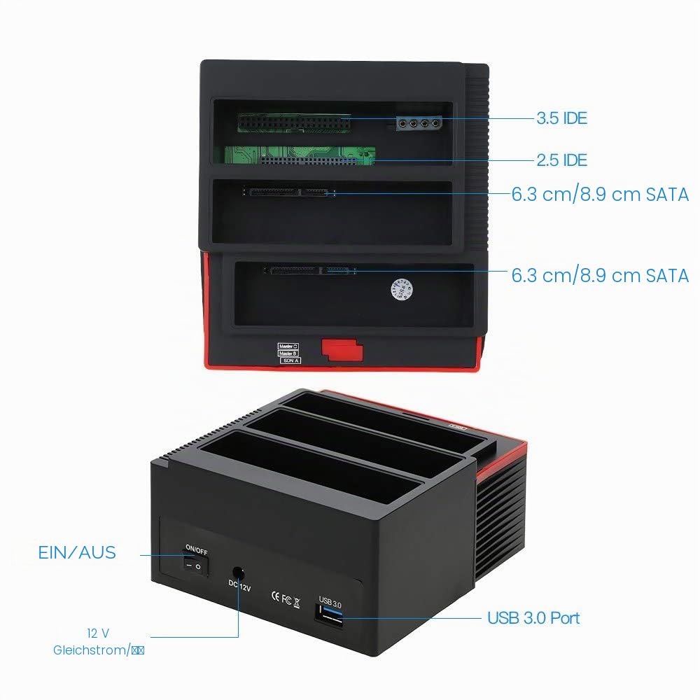 Bruce & Shark 3 IDE HDD/SSD Dockingstation IDE & SATA 2,5″/3,5″ – USB 2.0 Hub + Kartenleser (MS/M2/XD/CF/SD/TF) – 2,5″/3,5″ SATA I/II + IDE Festplattenklon,One Touch Backup & Disc Copy – 12 V 5 A