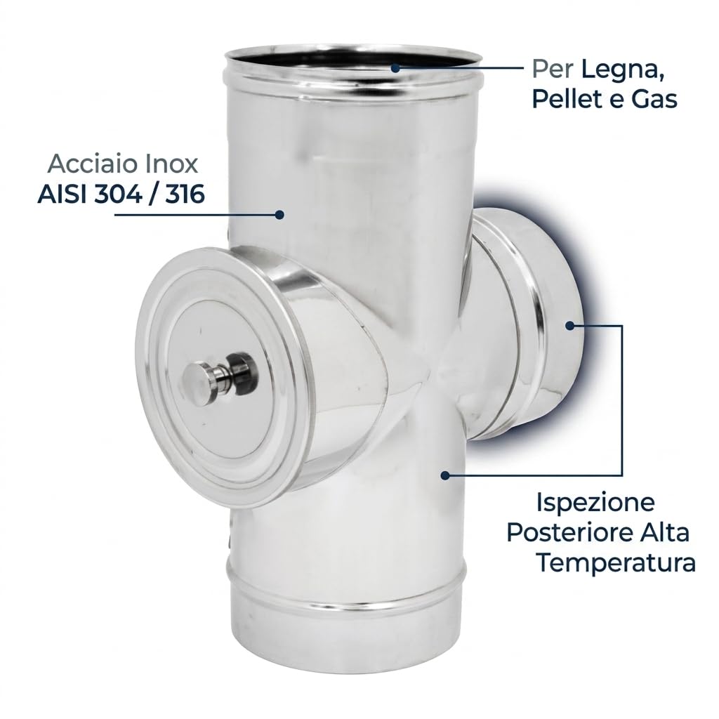 MAKA Raccordo a T 90° con Ispezione Posteriore HT Alte Temperature per Canna Fumaria in Acciaio Inox, per Stufe a Legna e Pellet, Combustibile Solido (Ø 220 mm, AISI 316)