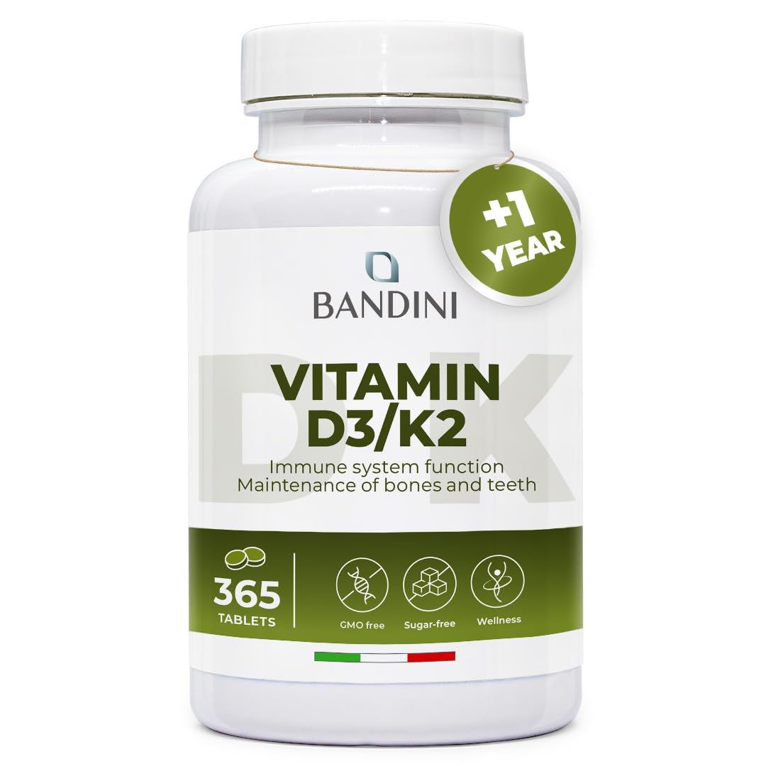 Bandini® Vitamin D3 K2 | 365 Easy-to-Swallow Tablets 1 Year Supply | 2000 IU Vitamin D3 & 200 mcg Vitamin K2VITAL® MK‑7 99% All Trans | Bones, Teeth, Muscles, Joints & Immune System | High Strength