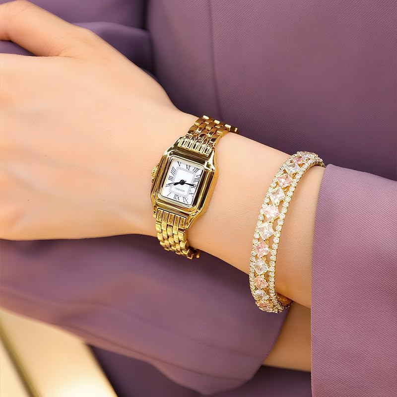 Gold Watches for Women with Rectangular Case Analog Roman Dial Minimalist Ladies Watch Water Resistant & Gifts for Women - Image 2