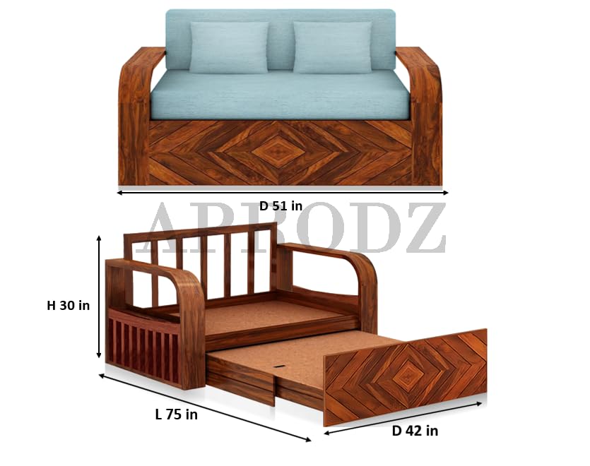 Image of APRODZ Solid Wood Sofa Cum Bed 2 Seater with Side Storage Velevt Fabric with Two Cushions Perfect Sofa Furniture for Home Living Office Room and Guests (Honey Finish 75x51x30-Inch)