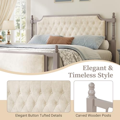 Merax King Size Upholstered Platform Bed with Button Tufted Headboard,Solid Wood Farmhouse Bed with Velvet Headboard and Footboard,No Box Spring Needed,Modern French Country Style for Bedroom,Taupe by Merax - Used condition - Image 5