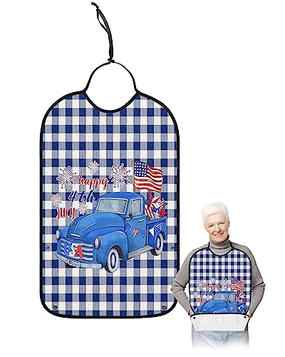 Kewadony Adult Bibs for Elderly Women - 4th of July Blue Truck Waterproof Dining Clothing Protectors with Crumb Catcher for Eating/Feeding, Vintage American Flag Star Blue Plaid Terry Cloth Bib