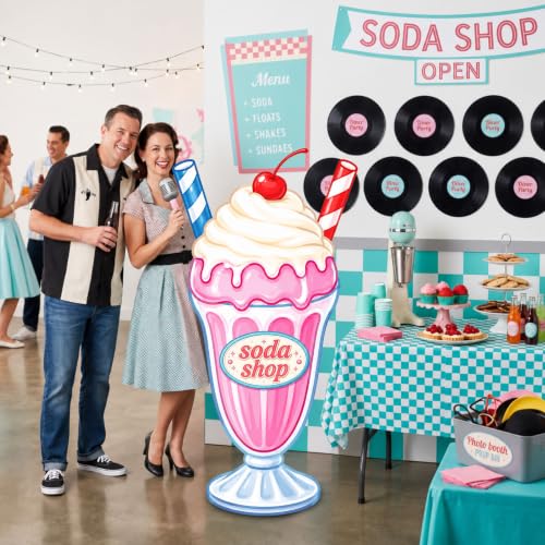 Image of Qunclay 4 ft 1950s Soda Shop Cardboard Cutout Retro Milkshake Cutout Decoration Life Size Photo Booth Prop Stand up 3D Display Backdrop for 50s Diner Sock Hop Rock and Roll Party Decorations