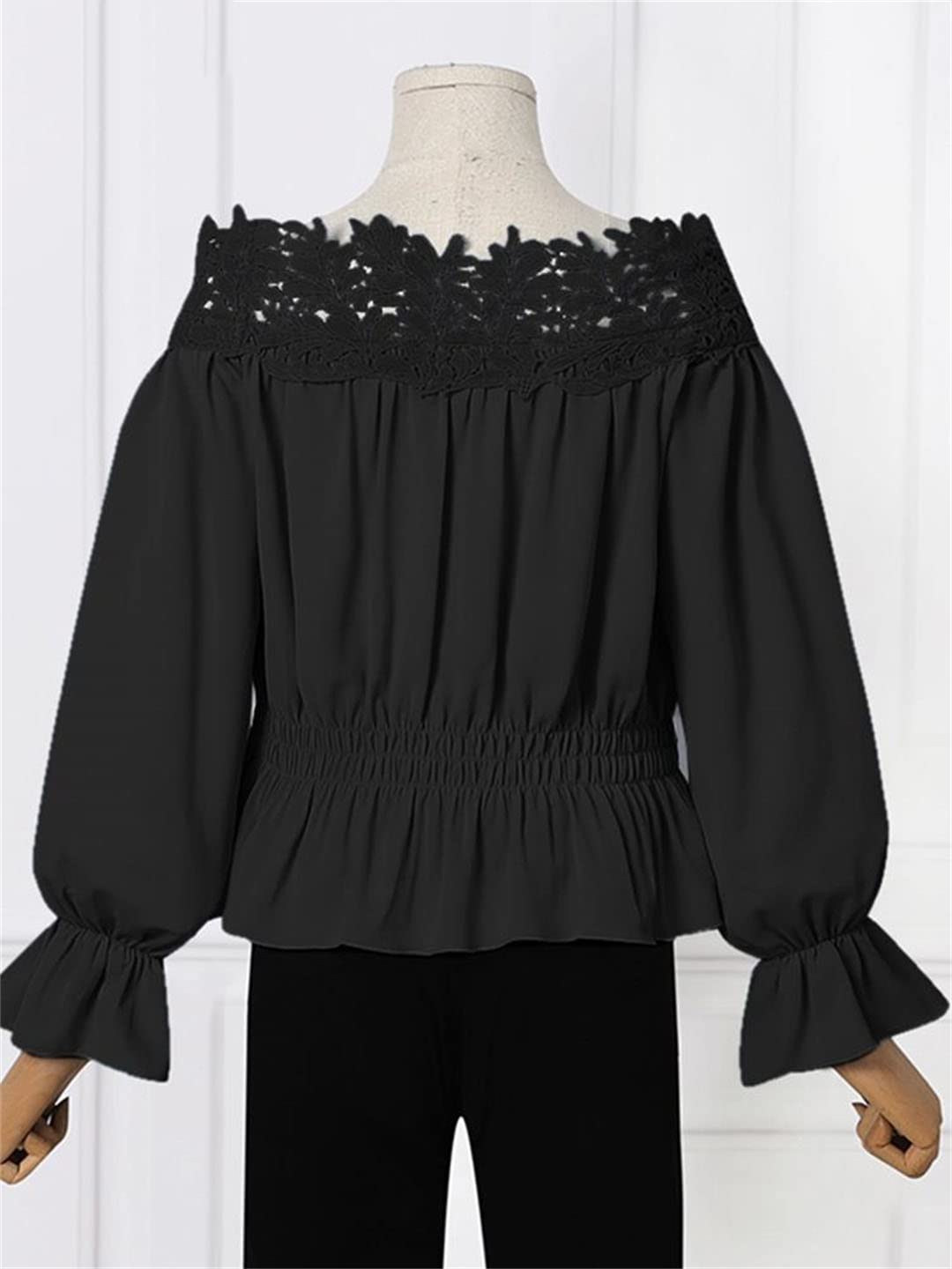 Générique Femmes Sexy Hors épaule Blouses Dentelle Blouses Blanches à Manches Longues Tunique froncé Chemises à la Taille