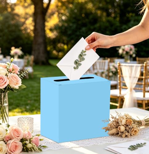 Image of SietDESEO Light Blue Card Box for Graduation Large Cardboard Gift Card Box Holder for Wedding Reception Birthday Graduation Baby Shower Raffle Ticket Box with Slot