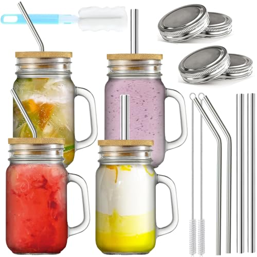 4 Pack16 oz Glass Mason Jar with Handle, Mason Jars Cups with Bamboo Lids and Stainless Steel Straws, Overnight Oats Jars, Drinking Glasses Tumbler for Iced Coffee,Smoothie