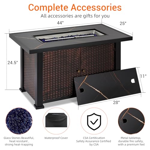 44 Inch Propane Fire Pit, CSA-Listed Outdoor Gas Fire Pit Rectangular Tabletop with Lid, 50,000 BTU Steel FireTable with Rain Cover Glass Wind for Outside Patio Yard Balcony, Brown