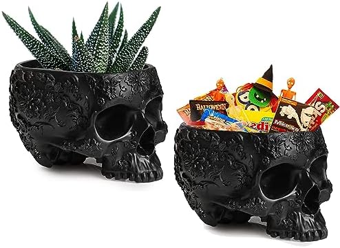 Skull Halloween Candy Server Bowl, 6" Spooky Decorations Sugar Snack Tray, Deep Polyresin Skulls Pot, Indoor Plants & Flowers - Serving Tray, Modern, Skeleton Home Decor, Goth Trick Or Treat (Black)