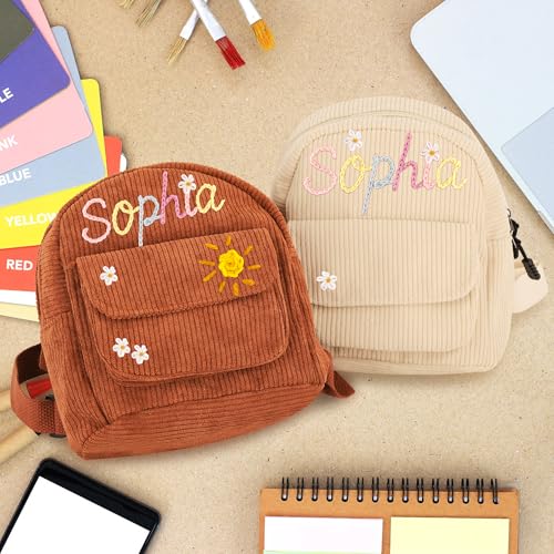 Pekdi Personalized Mini Backpack with Embroidered Name Corduroy Backpack Monogram Book Bag with Hand Embroidery Pattern Lightweight Daypack Casual Travel Bag for Sports Dance Gym2