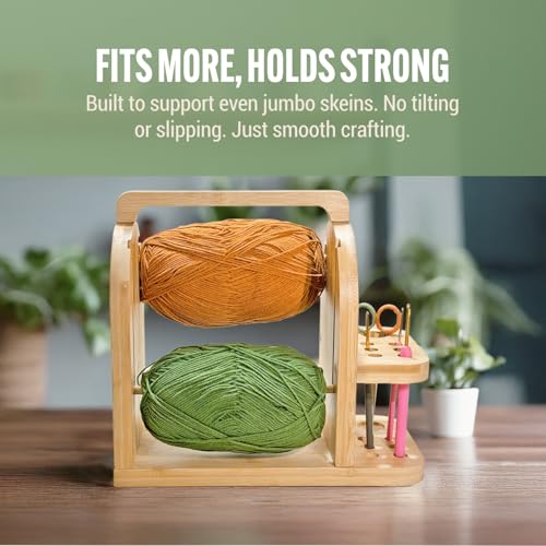 Image of Yarn Holder for Crochet Accessories - Durable Bamboo Wood Knitting Accessories Yarn Storage Organizer with Built-in Phone Stand - Tangle-Free Dual Rods and Tool Holder - Works with Skein, Cake, Ball