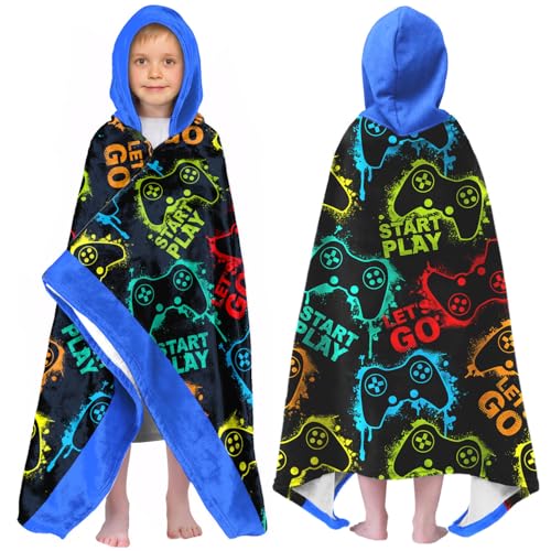Image of Video Gamer Boys Beach Towel with Hoodie for Kids Toddlers Age 4-8,Game Controller Black Bath Towels Shower Wrap for Boys, Hooded Poncho Beach Blanket for Pool Swimming Wearable Bath Towel for Child